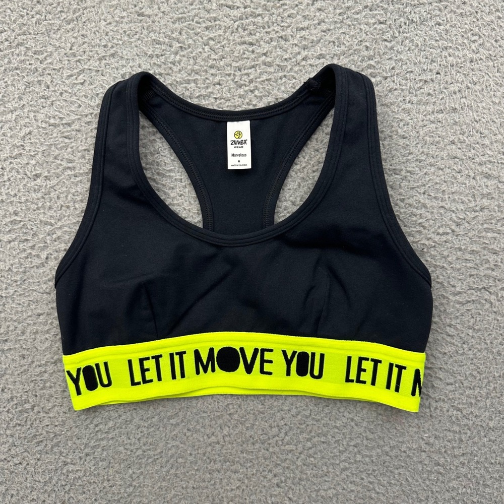 Zumba Racerback Sports Bra Black Yellow Women's Medium